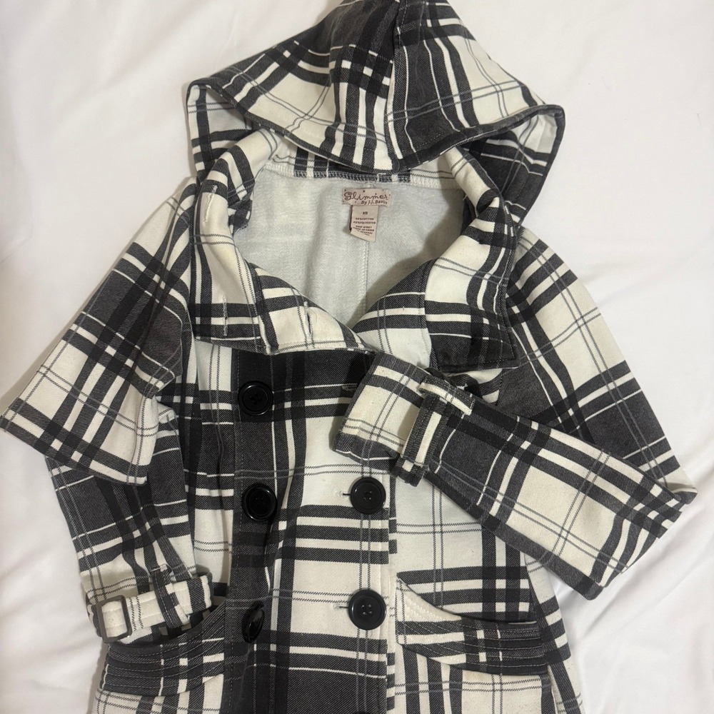Glimmer By J.J. Basics Womens XS Black White Plaid Hooded Pea Coat Jacket Fleece